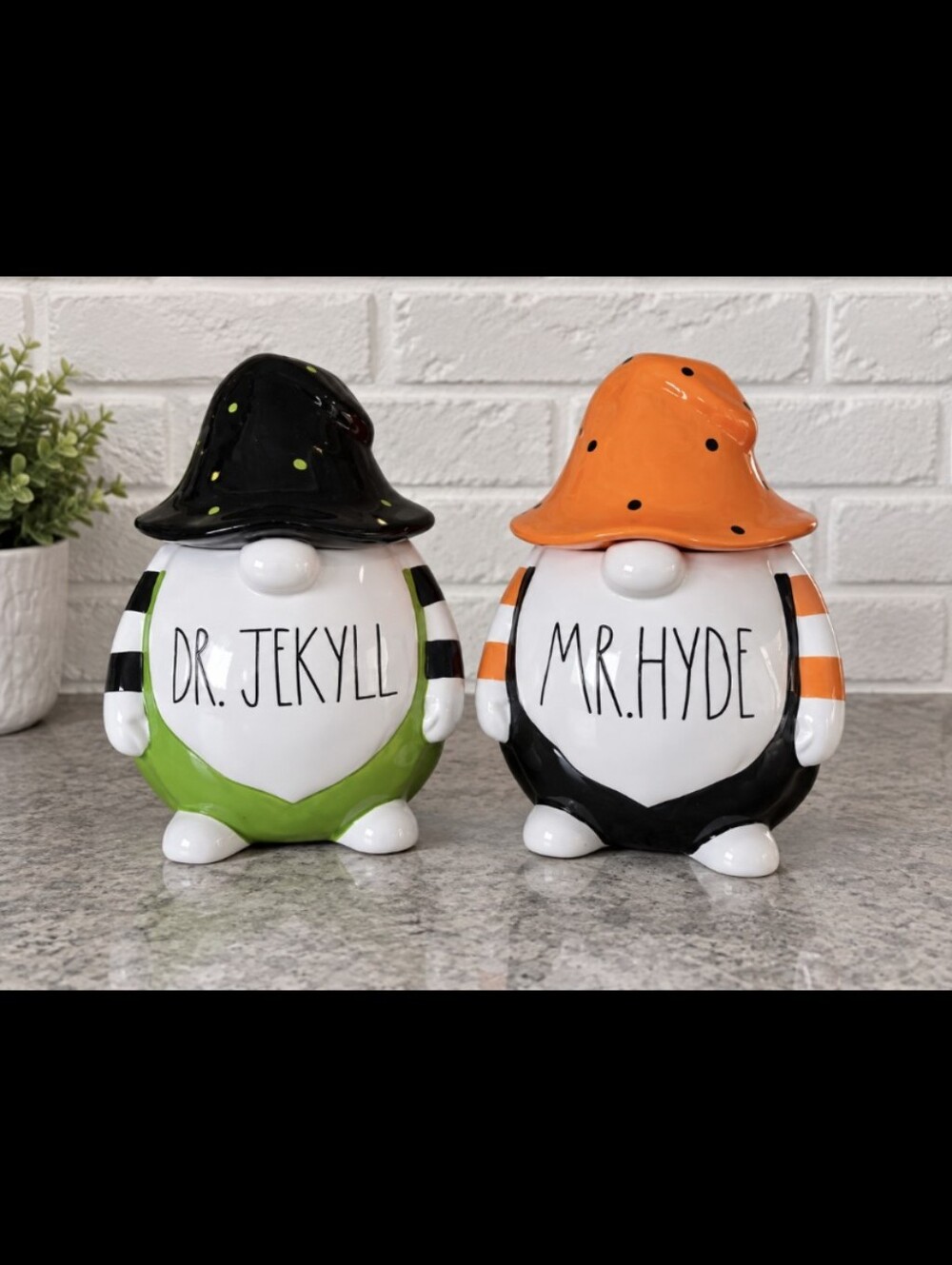 Rae Dunn "DR. JEKYLL & MR. HYDE" Halloween Gnome Ceramic Cookie Jars – Set of 2